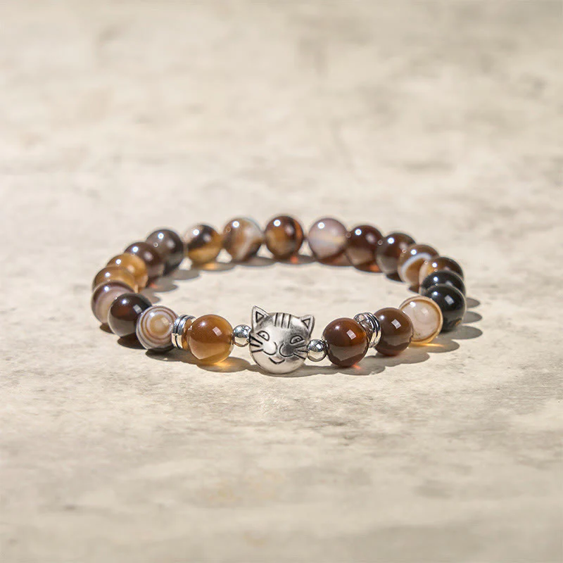 Braccialetto di stabilità con perline di agata marrone striata naturale a forma di gatto siamese color cioccolato Buddha Stones - Image 4
