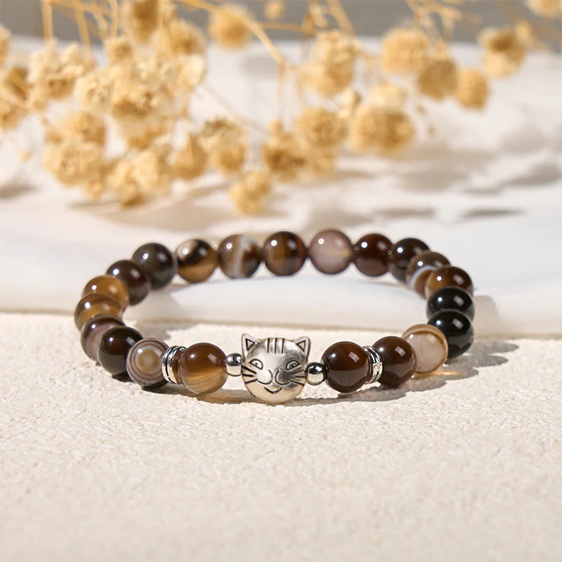 Braccialetto di stabilità con perline di agata marrone striata naturale a forma di gatto siamese color cioccolato Buddha Stones - Image 6