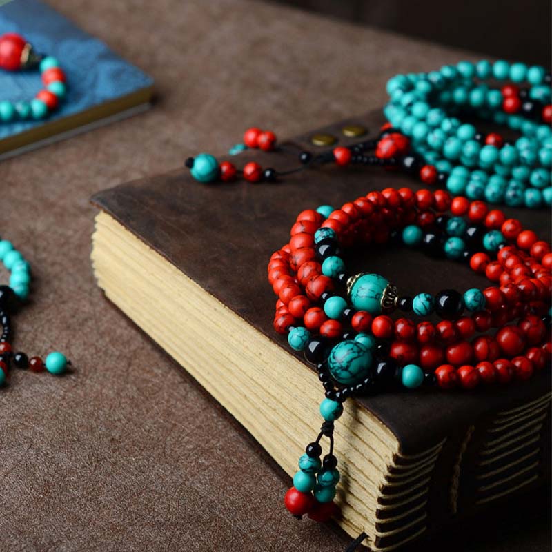 Braccialetto di protezione con perline di turchese rosso e onice nero Buddha Stones - Image 2