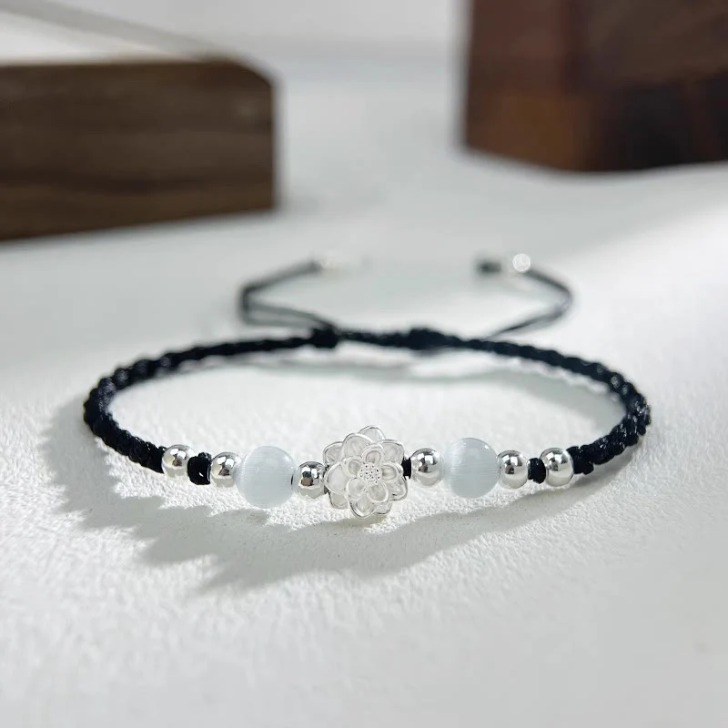 Braccialetto di protezione con perline occhio di gatto in argento sterling 999 con motivo a loto Buddha Stones