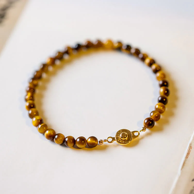 Braccialetto di protezione del coraggio in pietra naturale occhio di tigre placcato oro 14K Buddha Stones - Image 11
