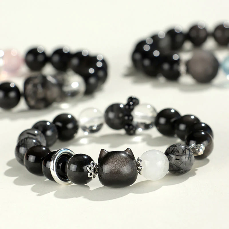 Braccialetto di protezione del pianeta con testa di gatto, volpe, ossidiana naturale e Buddha Stones in argento