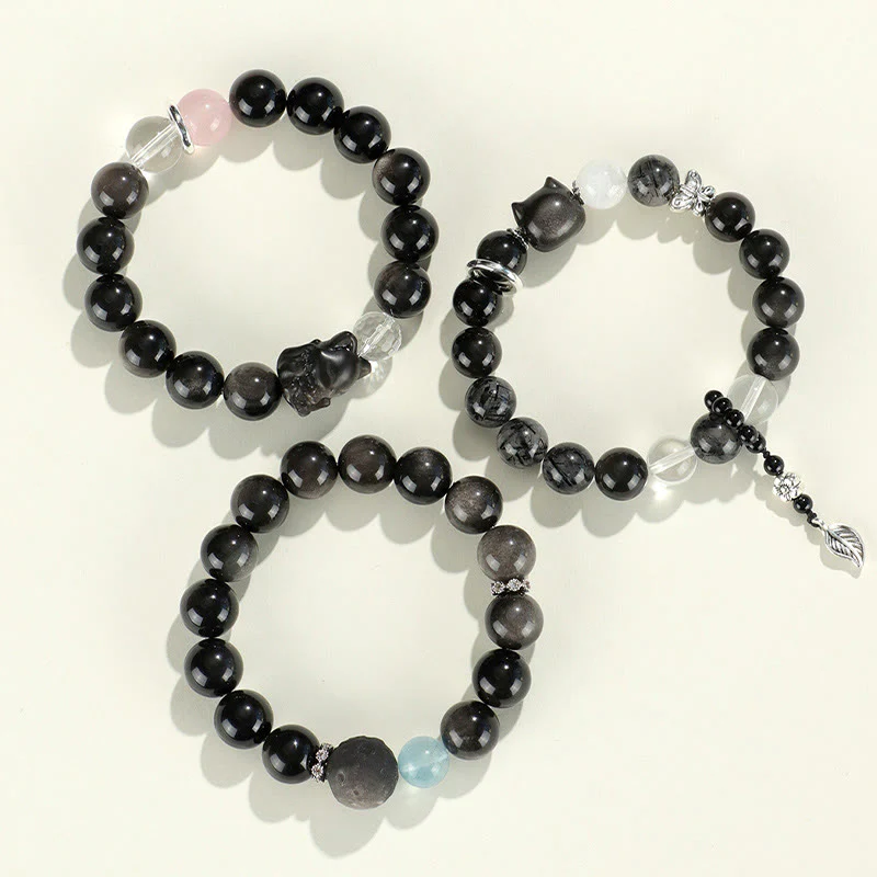 Braccialetto di protezione del pianeta con testa di gatto, volpe, ossidiana naturale e Buddha Stones in argento - Image 13