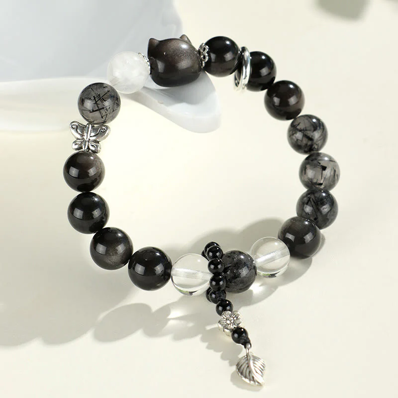 Braccialetto di protezione del pianeta con testa di gatto, volpe, ossidiana naturale e Buddha Stones in argento - Image 4