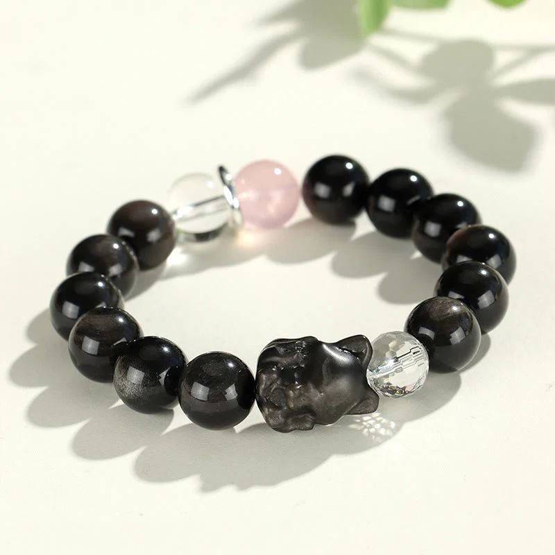 Braccialetto di protezione del pianeta con testa di gatto, volpe, ossidiana naturale e Buddha Stones in argento - Image 6