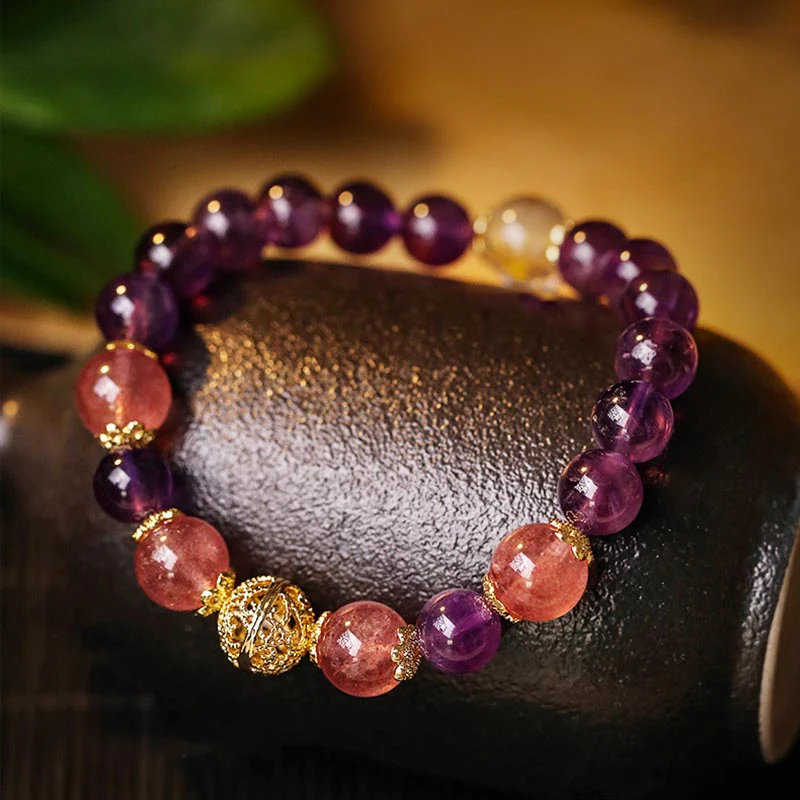 Braccialetto di protezione della prosperità in quarzo rutilato, ametista e citrino naturale Buddha Stones - Image 8
