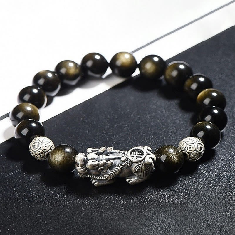 Braccialetto di protezione della ricchezza PiXiu in ossidiana naturale lucidata in argento sterling 925 Buddha Stones - Image 2