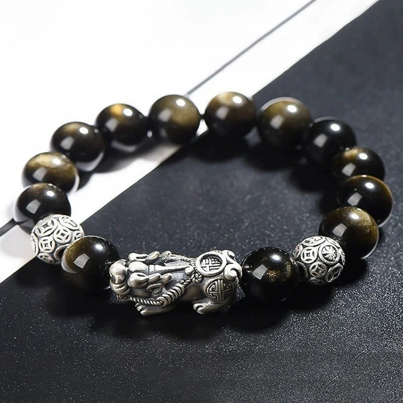 Braccialetto di protezione della ricchezza PiXiu in ossidiana naturale lucidata in argento sterling 925 Buddha Stones - Image 4