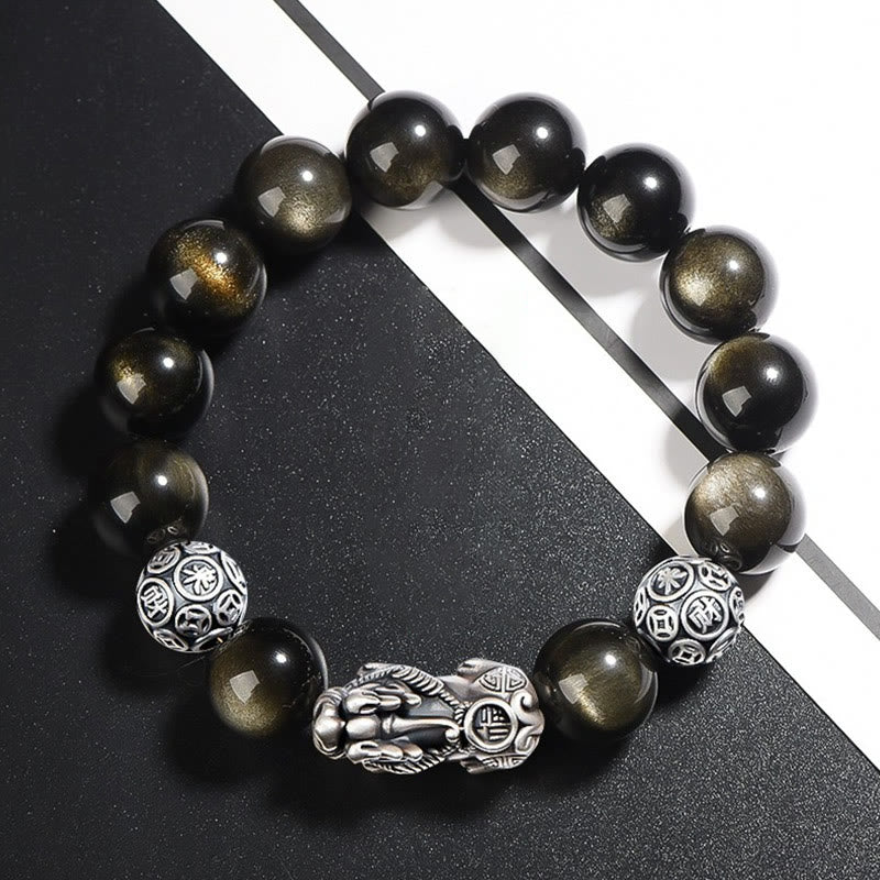 Braccialetto di protezione della ricchezza PiXiu in ossidiana naturale lucidata in argento sterling 925 Buddha Stones - Image 5