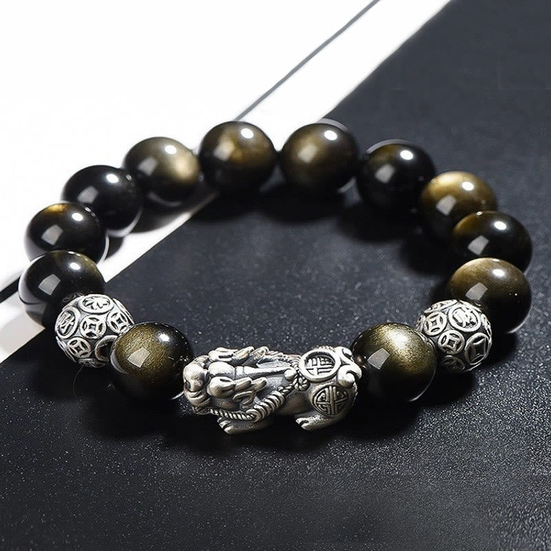 Braccialetto di protezione della ricchezza PiXiu in ossidiana naturale lucidata in argento sterling 925 Buddha Stones - Image 6