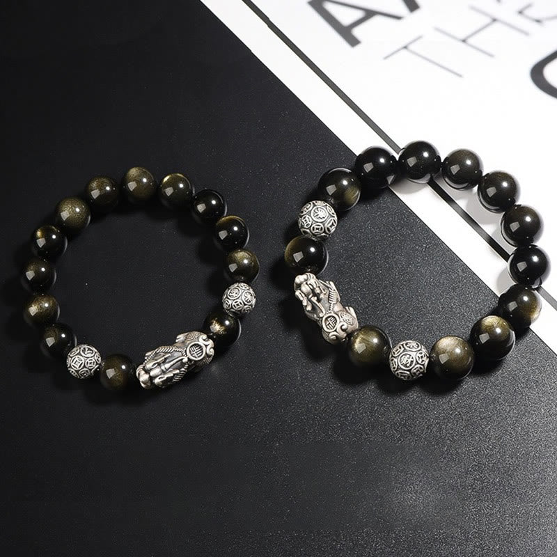 Braccialetto di protezione della ricchezza PiXiu in ossidiana naturale lucidata in argento sterling 925 Buddha Stones - Image 7