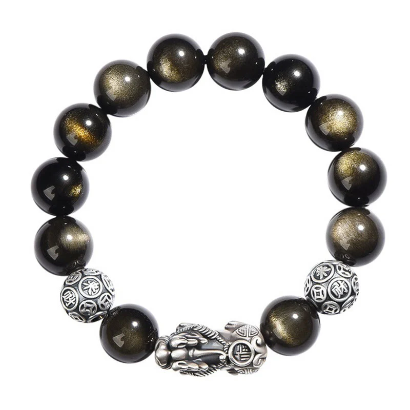 Braccialetto di protezione della ricchezza PiXiu in ossidiana naturale lucidata in argento sterling 925 Buddha Stones - Image 8