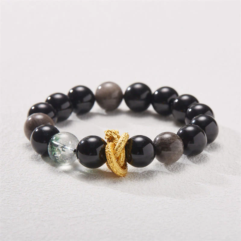 Braccialetto di protezione fantasma verde drago in ossidiana lucida argento naturale Buddha Stones - Image 4