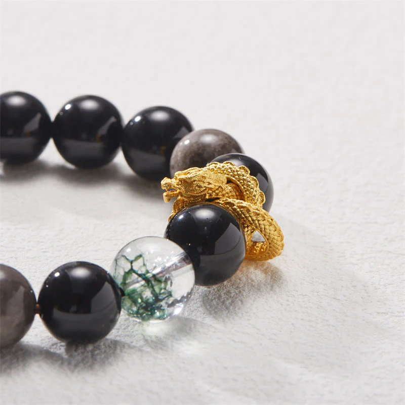 Braccialetto di protezione fantasma verde drago in ossidiana lucida argento naturale Buddha Stones - Image 9