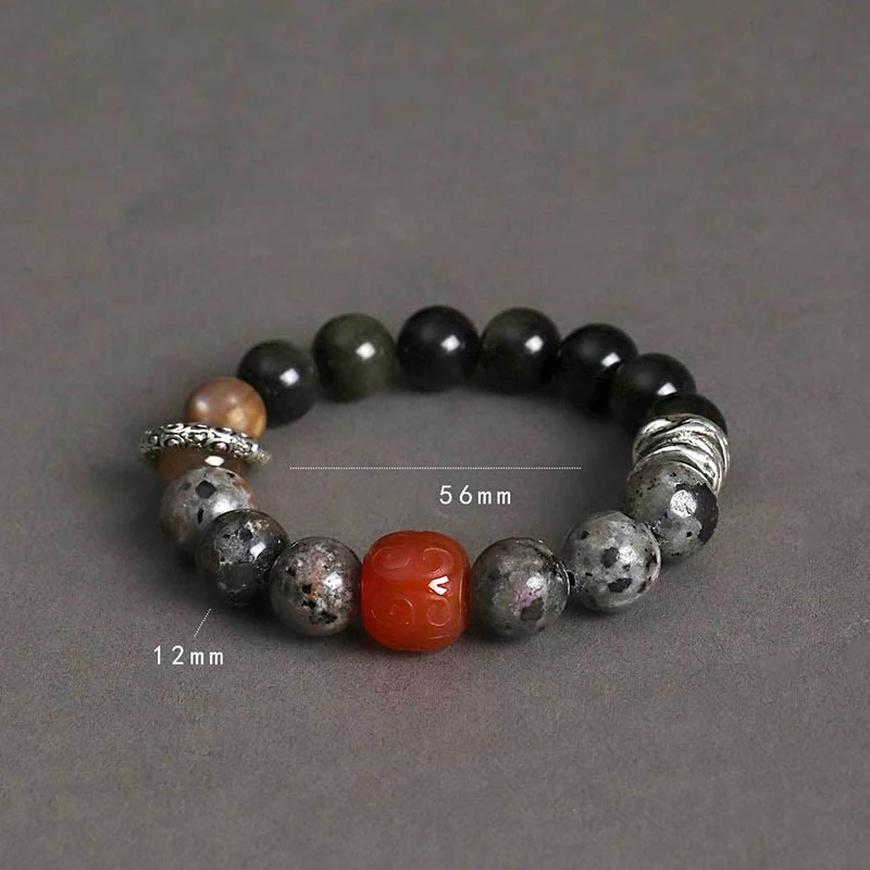 Braccialetto di protezione in agata rossa, ossidiana, pietra lavica e pietre dorate Buddha Stones - Image 4