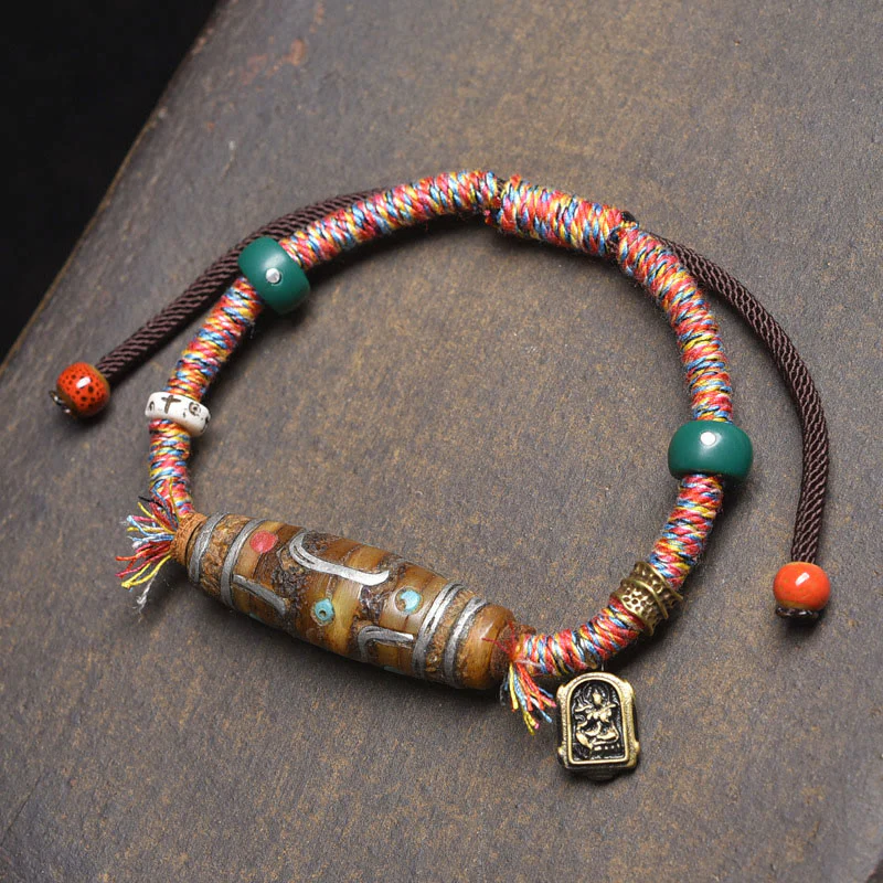 Braccialetto di protezione in corda con perline Dzi tibetane a nove occhi, fatto a mano, Buddha Stones