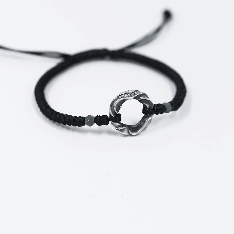 Braccialetto di protezione in corda di cera nera con fibbia della pace in argento sterling 999 Buddha Stones - Image 12