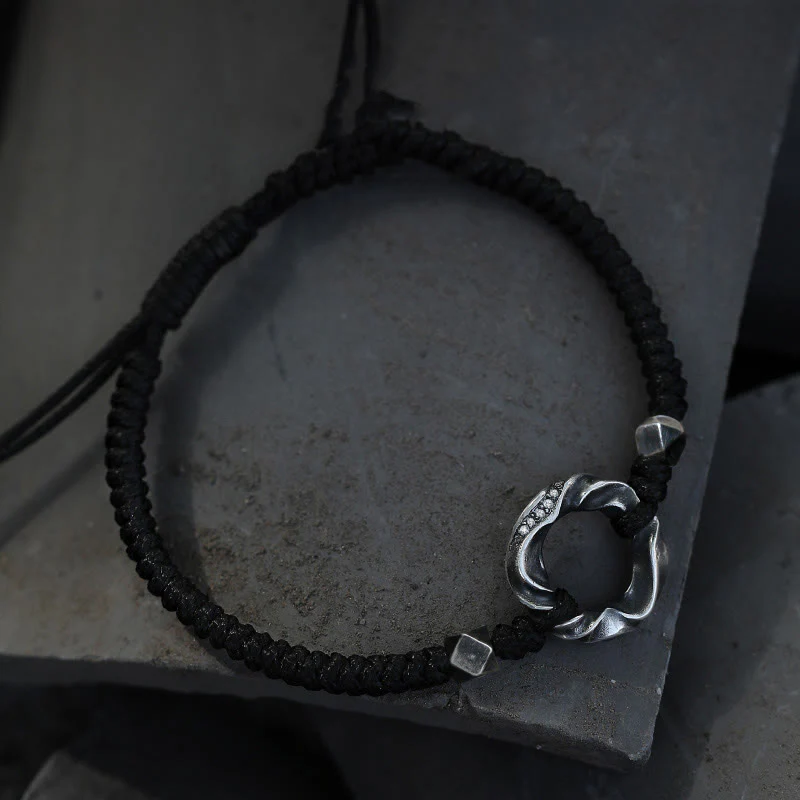 Braccialetto di protezione in corda di cera nera con fibbia della pace in argento sterling 999 Buddha Stones - Image 2