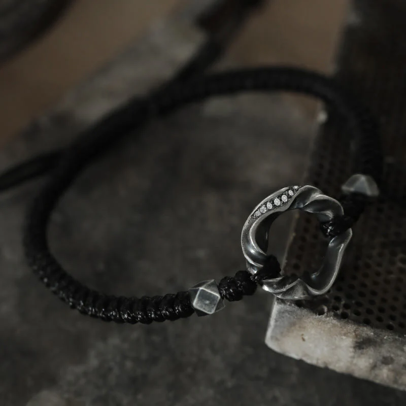 Braccialetto di protezione in corda di cera nera con fibbia della pace in argento sterling 999 Buddha Stones - Image 3