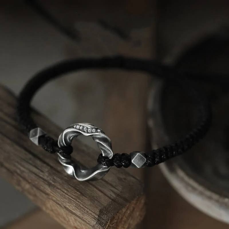 Braccialetto di protezione in corda di cera nera con fibbia della pace in argento sterling 999 Buddha Stones - Image 4