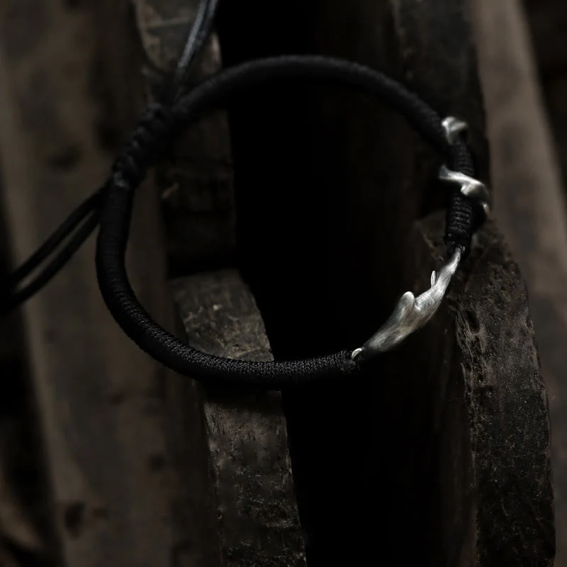 Braccialetto di protezione in corda di cera nera con squalo in argento sterling 999 Buddha Stones - Image 11