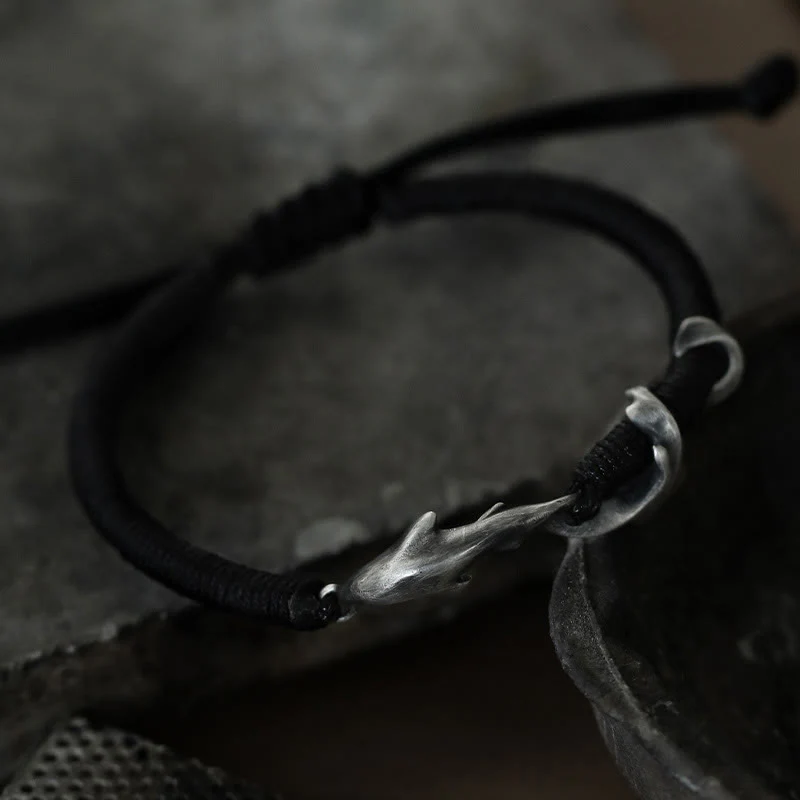 Braccialetto di protezione in corda di cera nera con squalo in argento sterling 999 Buddha Stones - Image 12