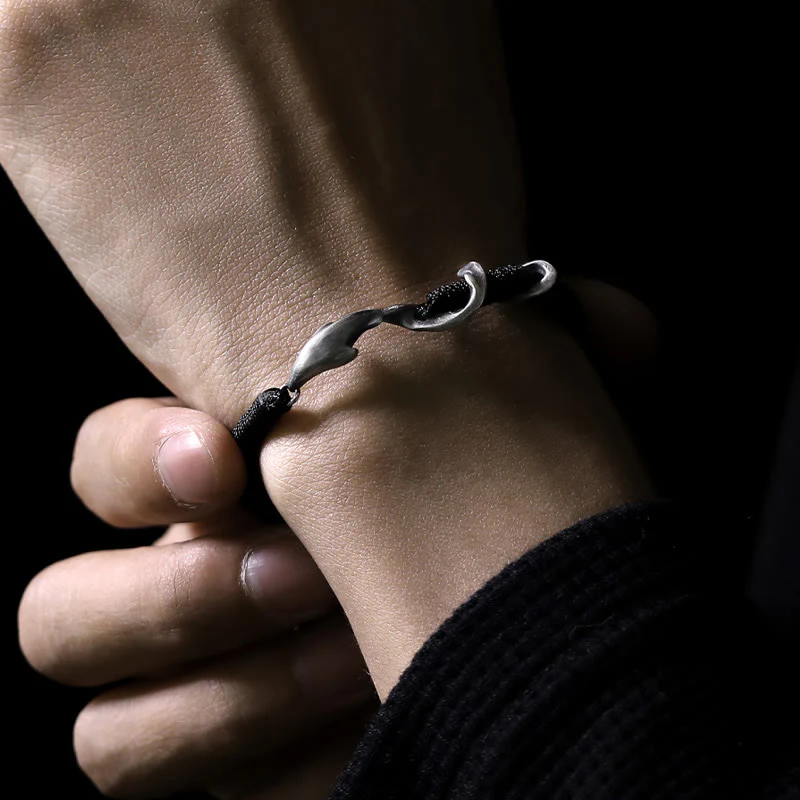 Braccialetto di protezione in corda di cera nera con squalo in argento sterling 999 Buddha Stones - Image 13