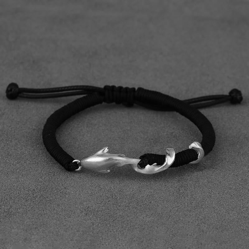 Braccialetto di protezione in corda di cera nera con squalo in argento sterling 999 Buddha Stones - Image 16