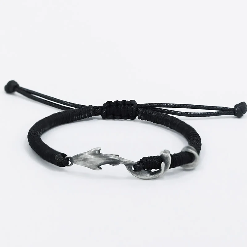 Braccialetto di protezione in corda di cera nera con squalo in argento sterling 999 Buddha Stones - Image 3
