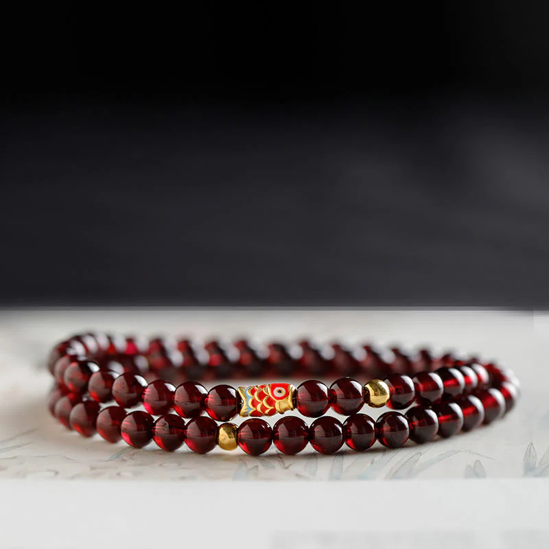 Braccialetto di protezione in granato naturale con pesce koi in oro 999 Buddha Stones - Image 13