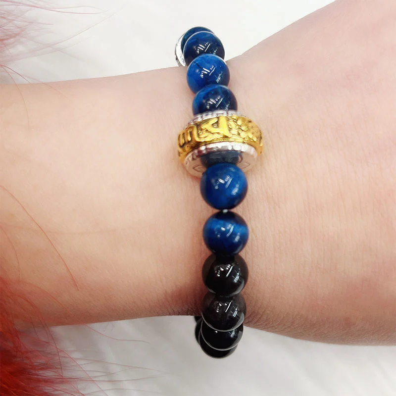 Braccialetto di protezione in occhio di tigre blu ossidiana e argento lucido Buddha Stones - Image 11