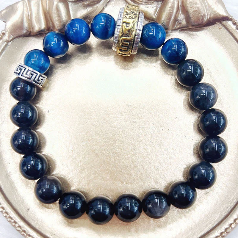 Braccialetto di protezione in occhio di tigre blu ossidiana e argento lucido Buddha Stones - Image 8