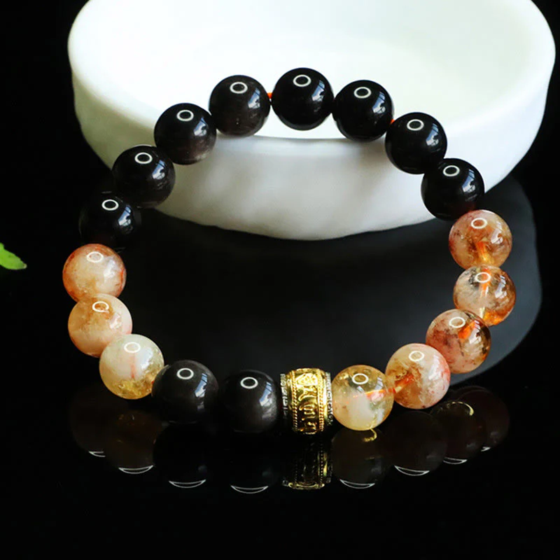 Braccialetto di protezione in ossidiana e citrino con Buddha Stones Om Mani Padme Hum e argento lucido - Image 3