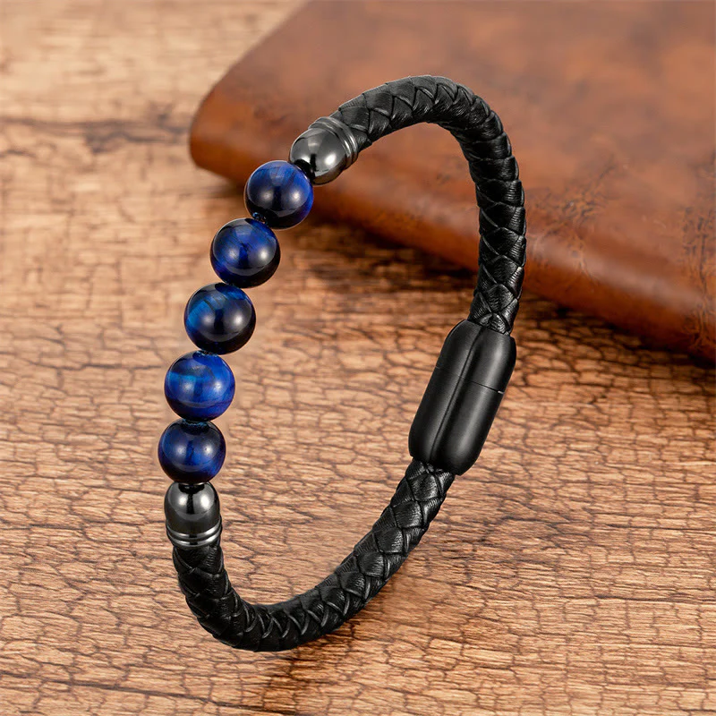 Braccialetto di protezione in pelle con perline di lapislazzuli , Buddha Stones blu, occhio di tigre, onice nero e pietra lavica - Image 5
