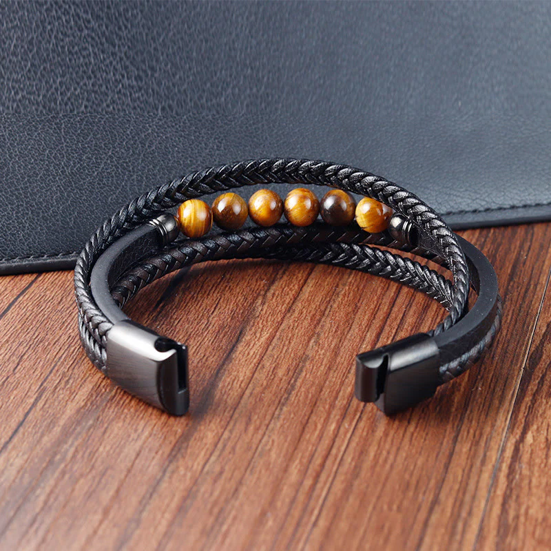 Braccialetto di protezione in pelle con pietra occhio di tigre Buddha Stones - Image 9