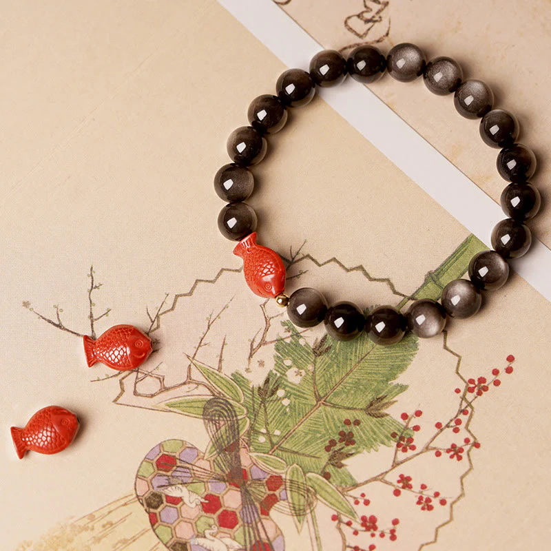 Braccialetto di protezione lenitiva con pesce koi, ossidiana, cinabro, argento naturale e Buddha Stones - Image 3