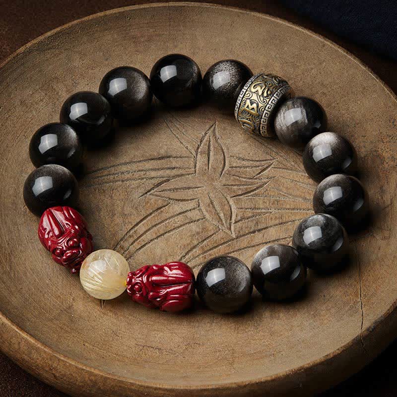 Braccialetto di protezione Om Mani Padme Hum in ossidiana lucida dorata Buddha Stones PiXiu Cinnabar