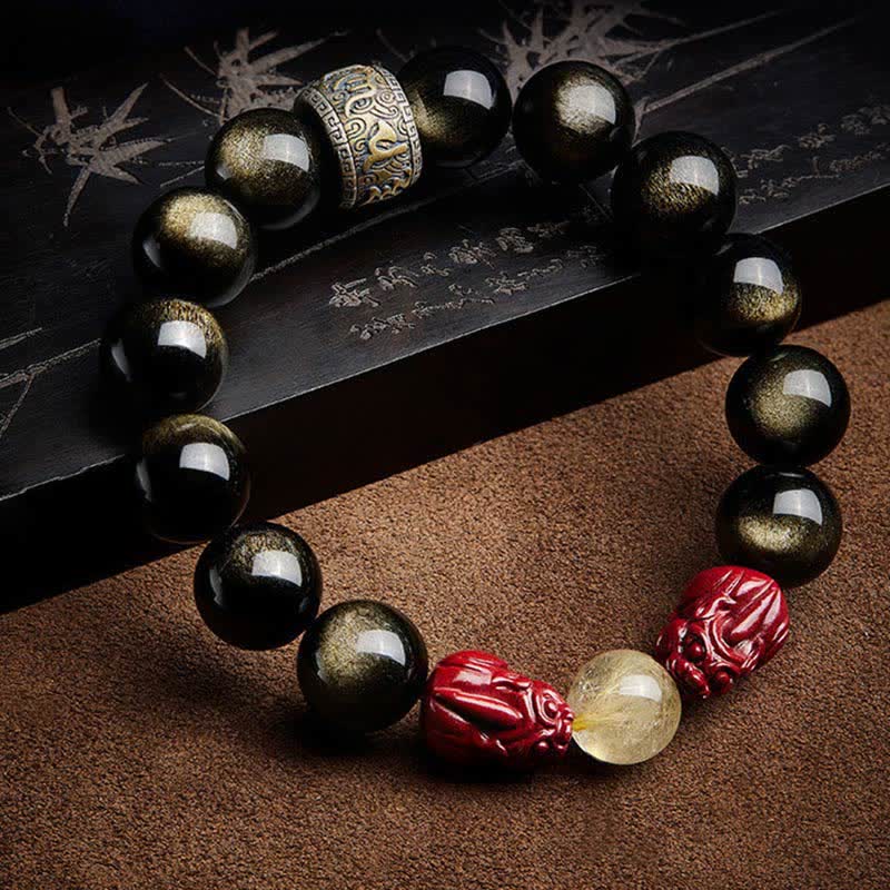 Braccialetto di protezione Om Mani Padme Hum in ossidiana lucida dorata Buddha Stones PiXiu Cinnabar - Image 2