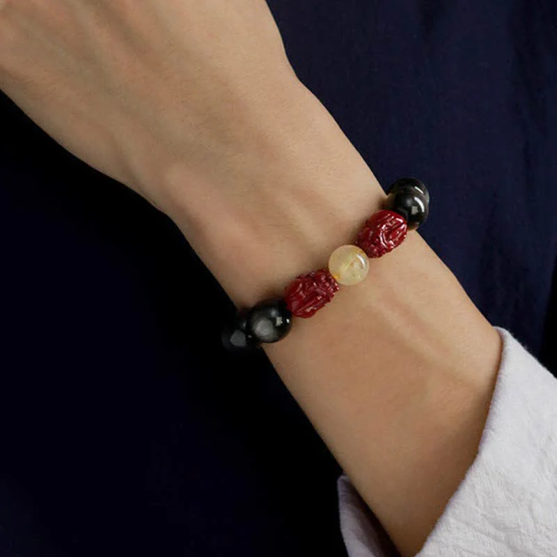 Braccialetto di protezione Om Mani Padme Hum in ossidiana lucida dorata Buddha Stones PiXiu Cinnabar - Image 3