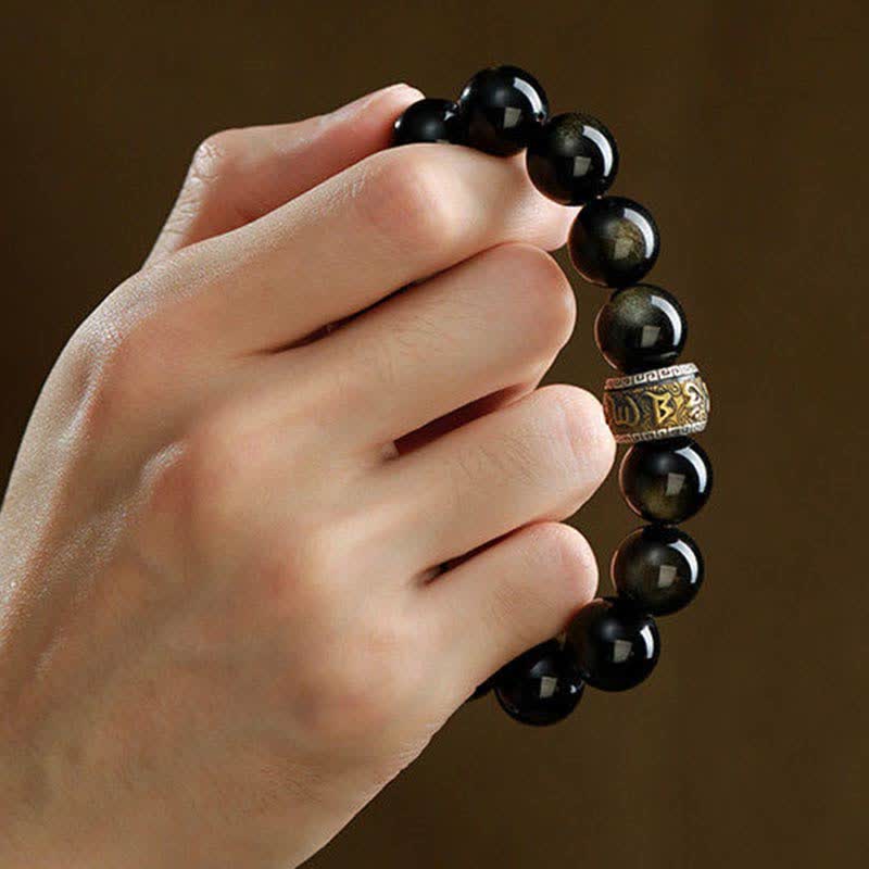 Braccialetto di protezione Om Mani Padme Hum in ossidiana lucida dorata Buddha Stones PiXiu Cinnabar - Image 5