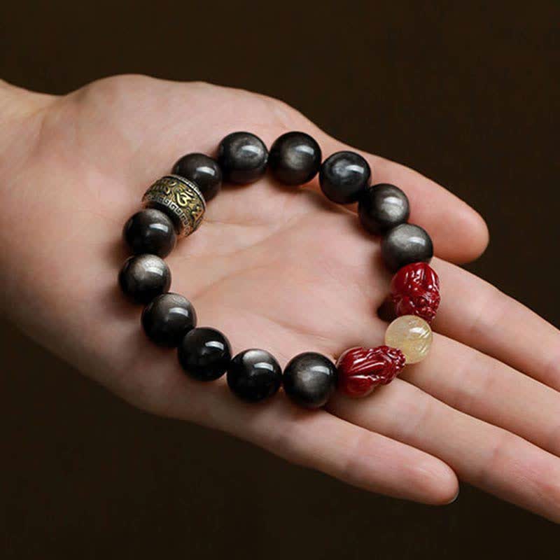 Braccialetto di protezione Om Mani Padme Hum in ossidiana lucida dorata Buddha Stones PiXiu Cinnabar - Image 6
