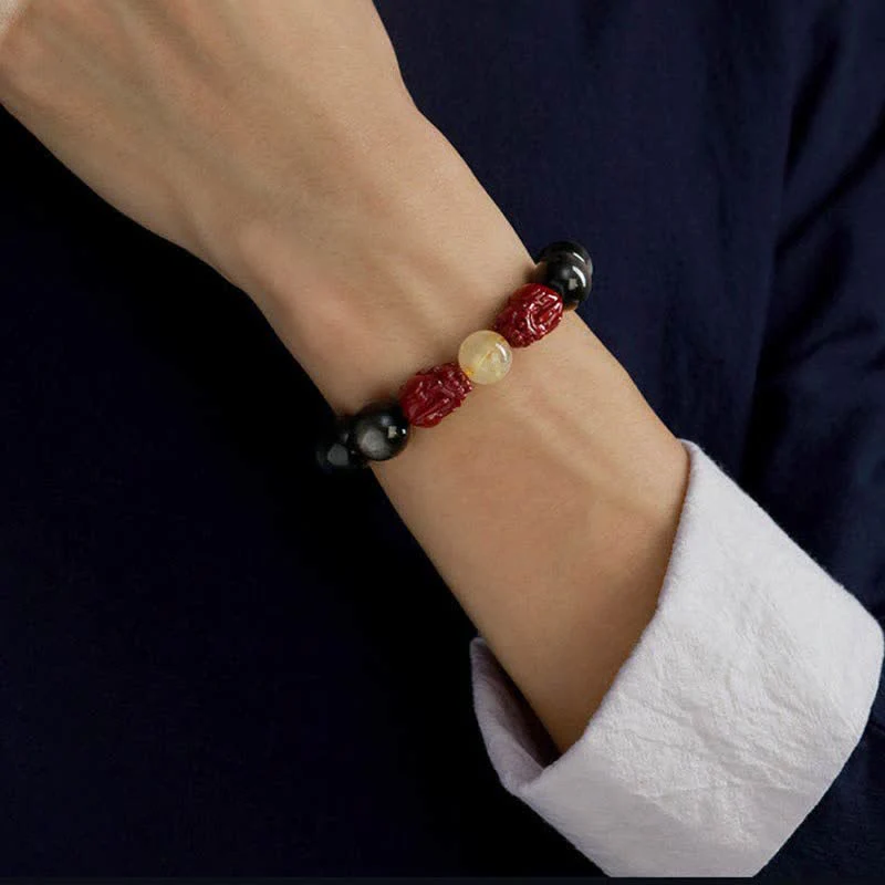 Braccialetto di protezione Om Mani Padme Hum in ossidiana lucida dorata Buddha Stones PiXiu Cinnabar - Image 7