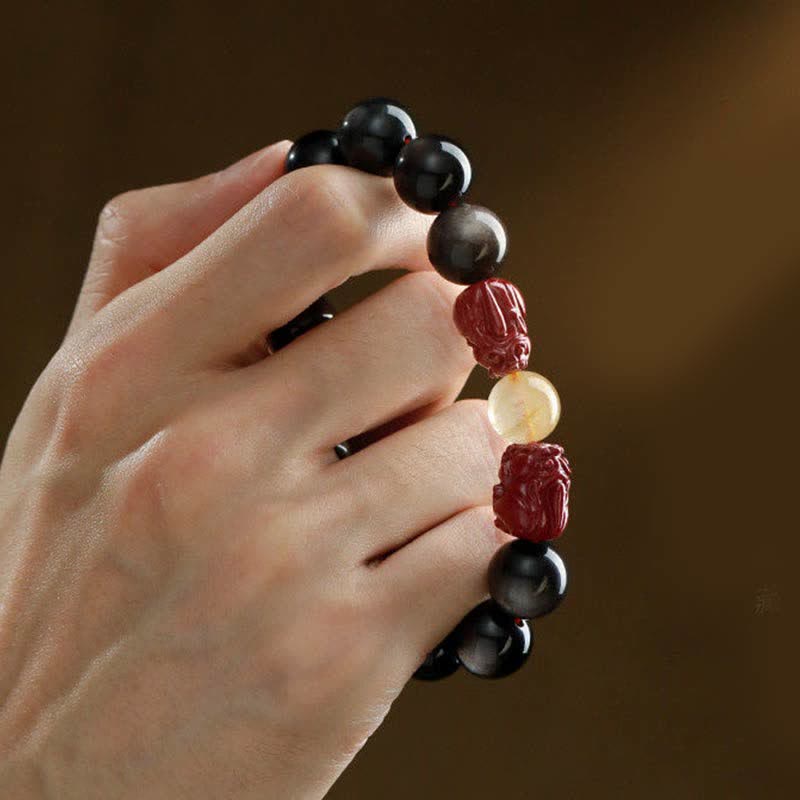 Braccialetto di protezione Om Mani Padme Hum in ossidiana lucida dorata Buddha Stones PiXiu Cinnabar - Image 8