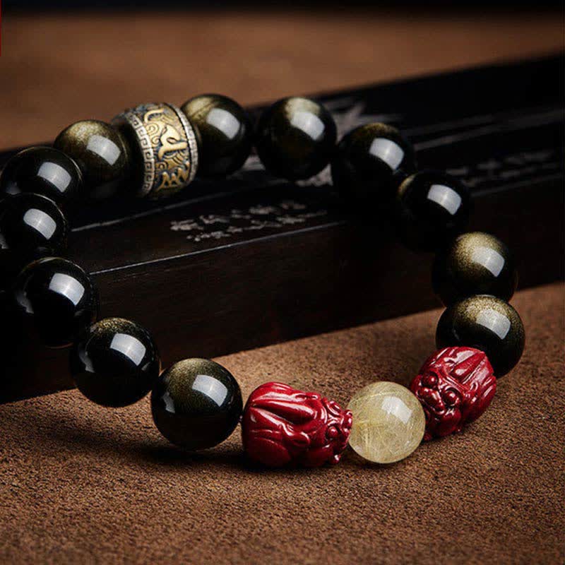 Braccialetto di protezione Om Mani Padme Hum in ossidiana lucida dorata Buddha Stones PiXiu Cinnabar - Image 9
