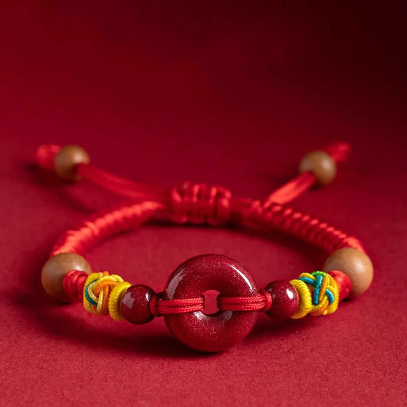 Braccialetto di protezione per adulti e bambini Buddha Stones, corda rossa, fibbia della pace in legno di pesca e cinabro