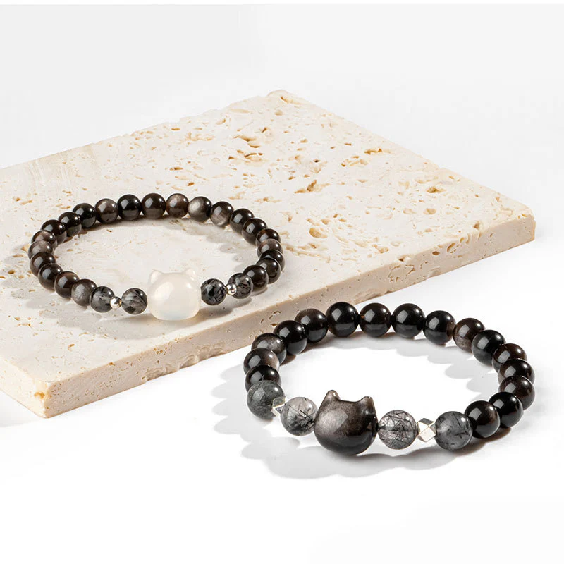 Braccialetto di protezione per la testa di gatto carino con ossidiana lucida in argento naturale Buddha Stones - Image 10