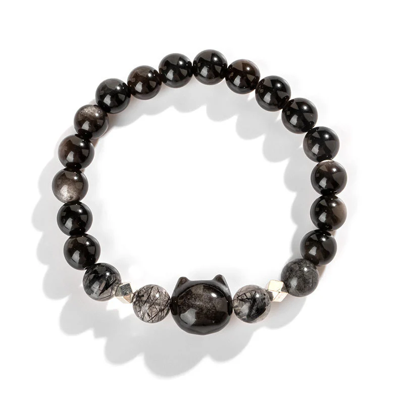 Braccialetto di protezione per la testa di gatto carino con ossidiana lucida in argento naturale Buddha Stones - Image 6