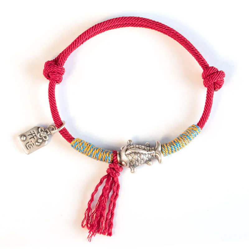 Braccialetto di protezione per pesci koi portafortuna in corda rossa in argento sterling 999 Buddha Stones - Image 12