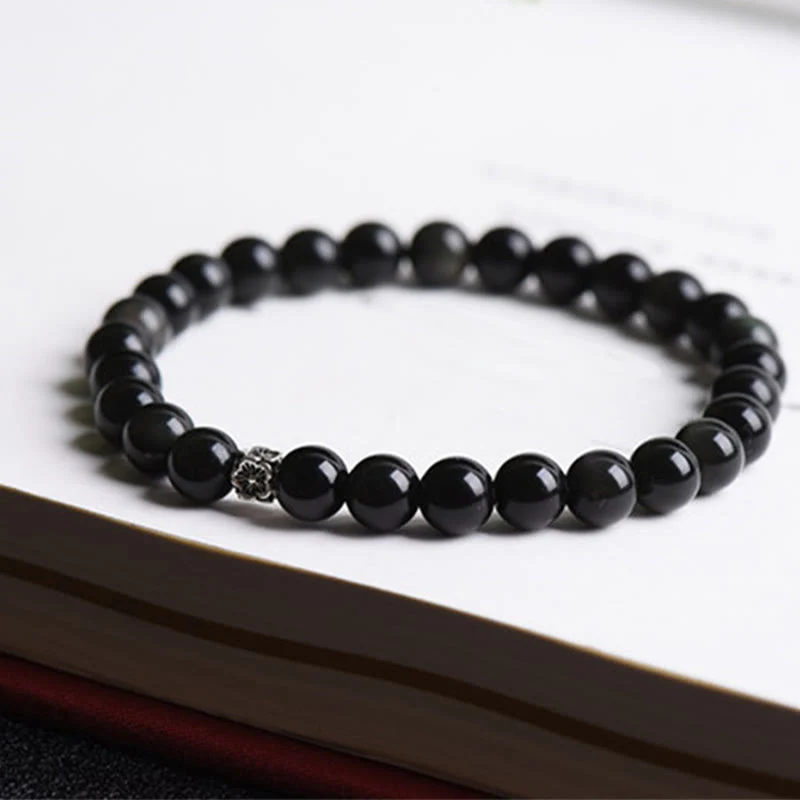 Braccialetto di purificazione Buddha Stones di ossidiana nera in argento sterling 925 e design floreale - Image 9