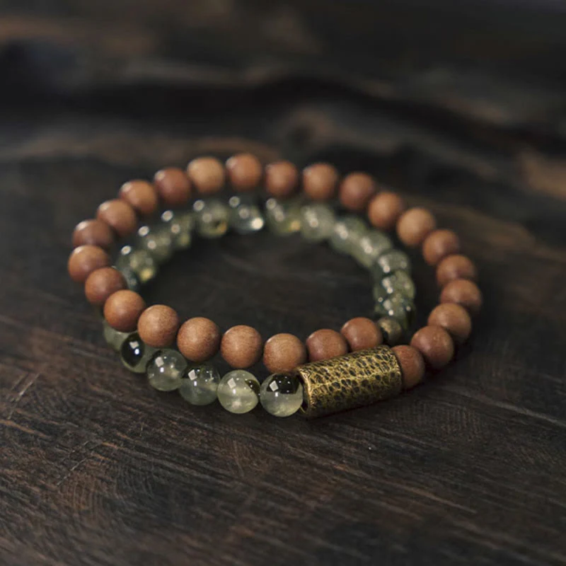 Braccialetto di purificazione in sandalo naturale con quarzo rutilato verde Buddha Stones - Image 2